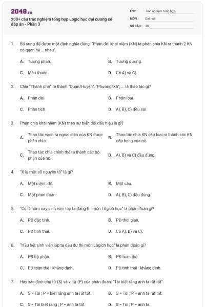 200+ câu trắc nghiệm tổng hợp Logic học đại cương có đáp án - Phần 3