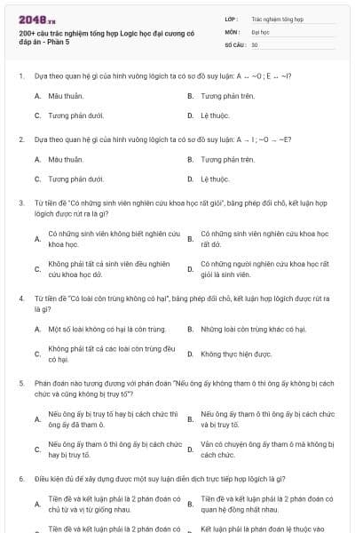 200+ câu trắc nghiệm tổng hợp Logic học đại cương có đáp án - Phần 5