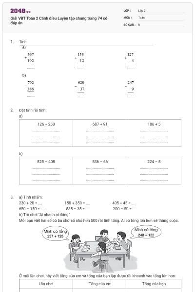 Giải VBT Toán 2 Cánh diều Luyện tập chung trang 74 có đáp án