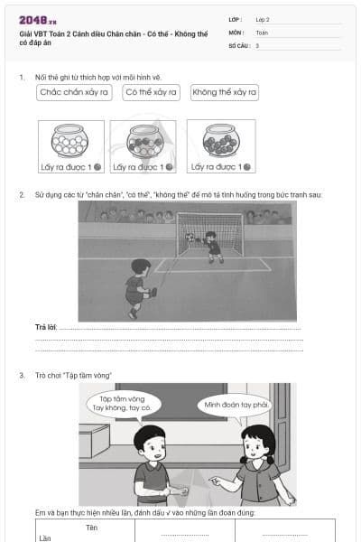 Giải VBT Toán 2 Cánh diều Chắn chăn - Có thể - Không thể có đáp án