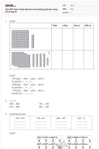 Giải VBT Toán 2 Cánh diều Em ôn lại những gì đã học trang 84 có đáp án