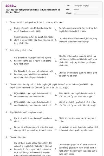 100+ câu trắc nghiệm tổng hợp Luật tố tụng hành chính có đáp án - Phần 1
