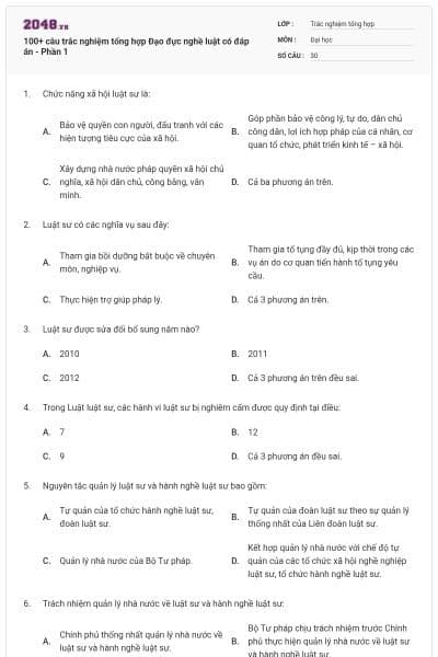 100+ câu trắc nghiệm tổng hợp Đạo đực nghề luật có đáp án - Phần 1
