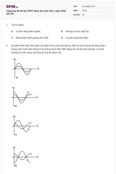 Tổng hợp đề thi thử THPT Quốc Gia môn Vật Lí năm 2020 (Đề 33)