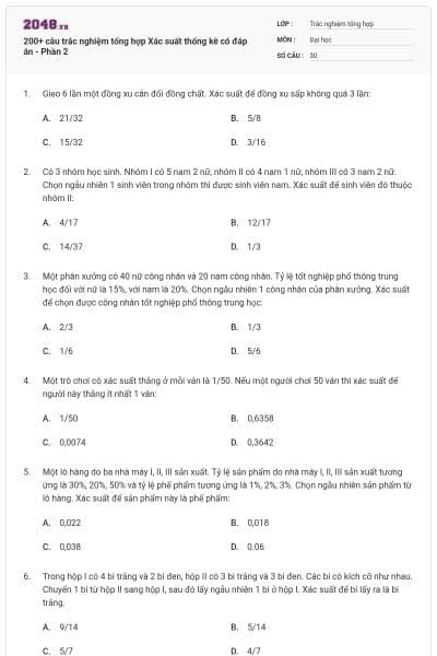 200+ câu trắc nghiệm tổng hợp Xác suất thống kê có đáp án - Phần 2