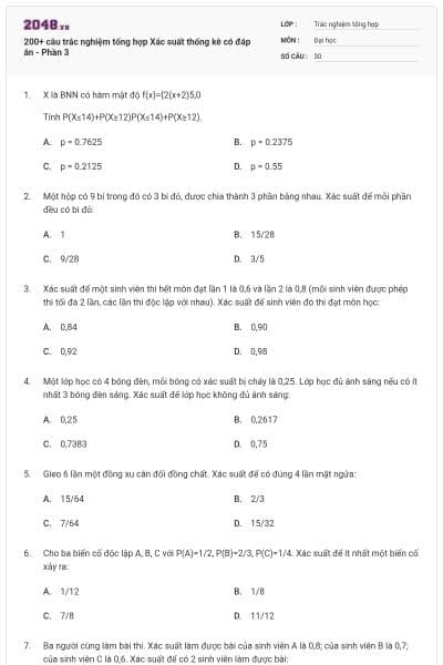 200+ câu trắc nghiệm tổng hợp Xác suất thống kê có đáp án - Phần 3