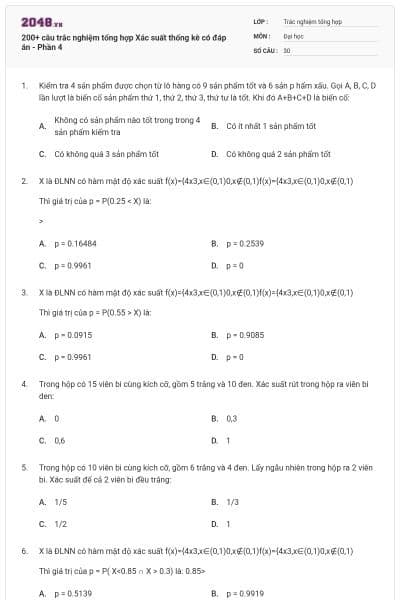 200+ câu trắc nghiệm tổng hợp Xác suất thống kê có đáp án - Phần 4