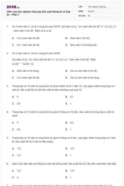 200+ câu trắc nghiệm tổng hợp Xác suất thống kê có đáp án - Phần 7
