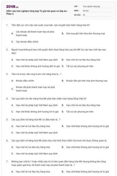 200+ câu trắc nghiệm tổng hợp Trị giá hải quan có đáp án - Phần 2