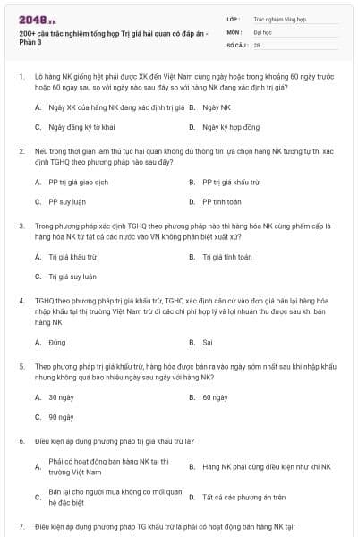 200+ câu trắc nghiệm tổng hợp Trị giá hải quan có đáp án - Phần 3