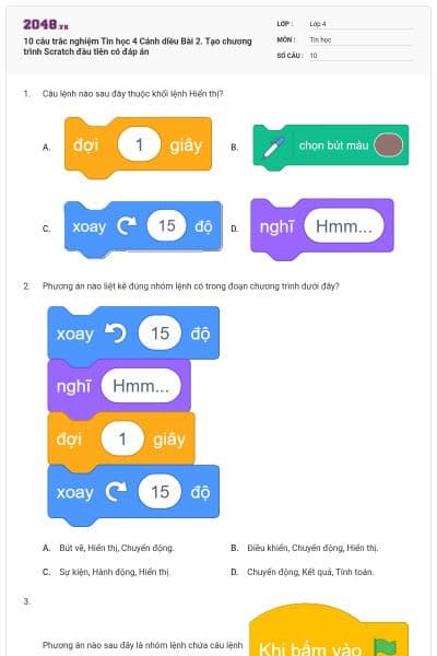 10 câu trắc nghiệm Tin học 4 Cánh diều Bài 2. Tạo chương trình Scratch đầu tiên có đáp án
