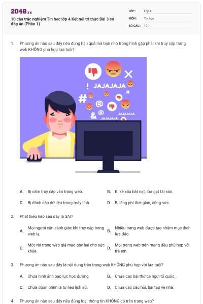 10 câu trắc nghiệm Tin học lớp 4 Kết nối tri thức Bài 3 có đáp án (Phần 1)