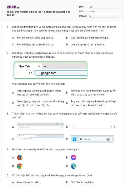 15 câu trắc nghiệm Tin học lớp 4 Kết nối tri thức Bài 4 có đáp án