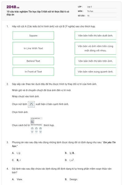 10 câu trắc nghiệm Tin học lớp 5 Kết nối tri thức Bài 6 có đáp án