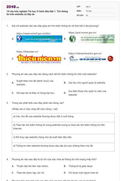10 câu trắc nghiệm Tin học 5 Cánh diều Bài 1. Tìm thông tin trên website có đáp án