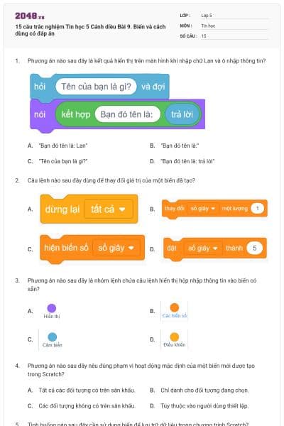 15 câu trắc nghiệm Tin học 5 Cánh diều Bài 9. Biến và cách dùng có đáp án