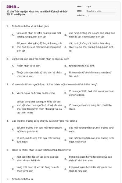 12 câu Trắc nghiệm Khoa học tự nhiên 8 Kết nối tri thức Bài 41 có đáp án