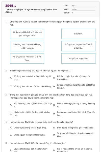 12 câu trắc nghiệm Tin học 5 Chân trời sáng tạo Bài 5 có đáp án