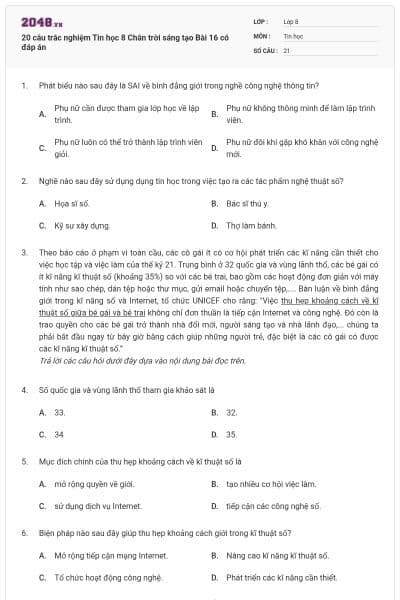 20 câu trắc nghiệm Tin học 8 Chân trời sáng tạo Bài 16 có đáp án
