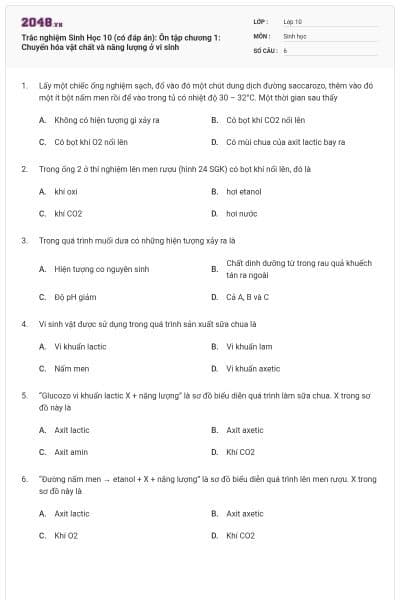 Trắc nghiệm Sinh Học 10 (có đáp án): Ôn tập chương 1: Chuyển hóa vật chất và năng lượng ở vi sinh