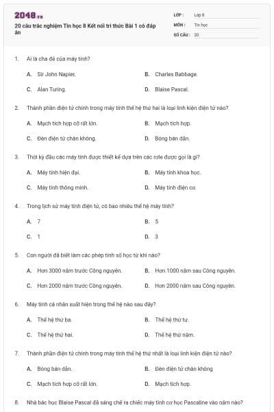 20 câu trắc nghiệm Tin học 8 Kết nối tri thức Bài 1 có đáp án