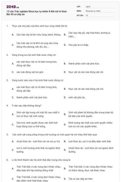 13 câu Trắc nghiệm Khoa học tự nhiên 8 Kết nối tri thức Bài 45 có đáp án