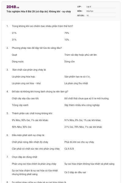 Trắc nghiệm Hóa 8 Bài 28 (có đáp án): Không khí - sự cháy