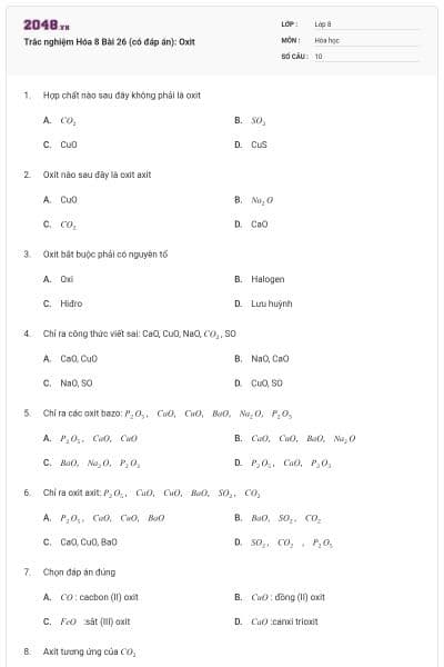Trắc nghiệm Hóa 8 Bài 26 (có đáp án): Oxit