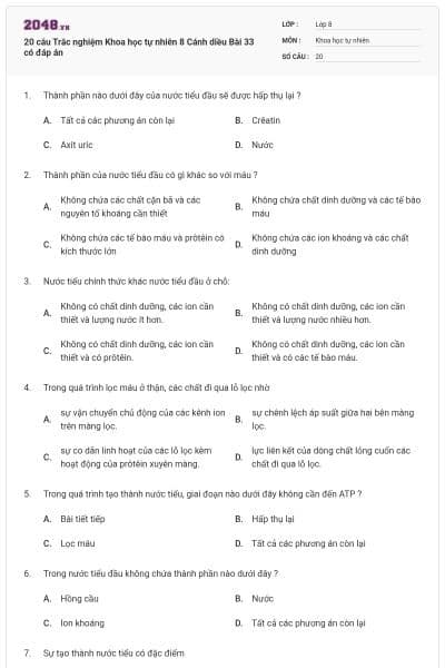 20 câu Trắc nghiệm Khoa học tự nhiên 8 Cánh diều Bài 33 có đáp án