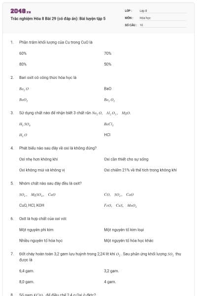 Trắc nghiệm Hóa 8 Bài 29 (có đáp án): Bài luyện tập 5