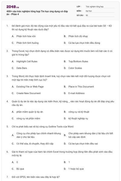400+ câu trắc nghiệm tổng hợp Tin học ứng dụng có đáp án - Phần 4