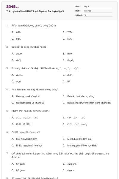 Trắc nghiệm Hóa 8 Bài 29 (có đáp án): Bài luyện tập 5