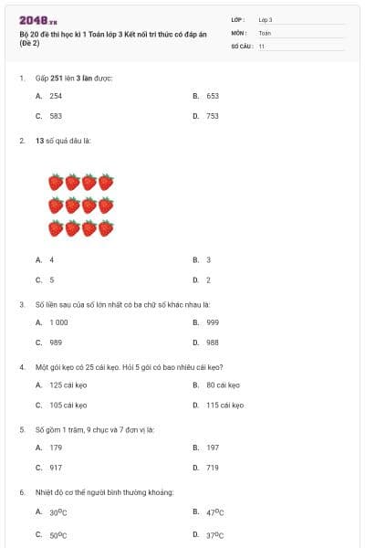 Bộ 20 đề thi học kì 1 Toán lớp 3 Kết nối tri thức có đáp án (Đề 2)