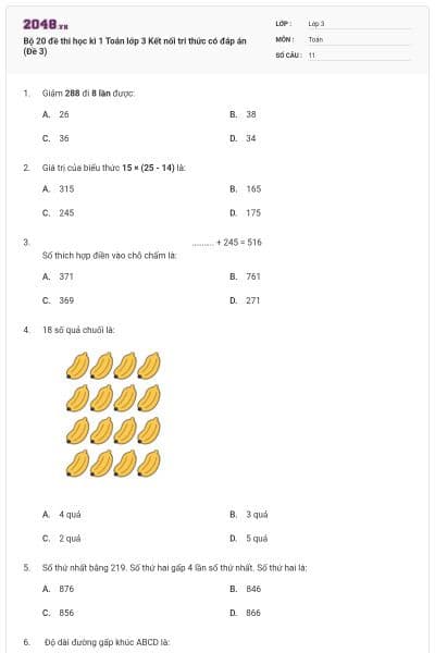 Bộ 20 đề thi học kì 1 Toán lớp 3 Kết nối tri thức có đáp án (Đề 3)