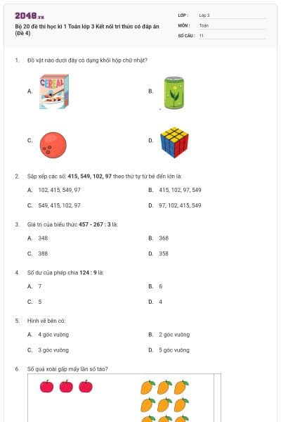 Bộ 20 đề thi học kì 1 Toán lớp 3 Kết nối tri thức có đáp án (Đề 4)