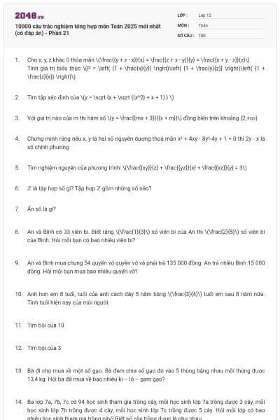 10000 câu trắc nghiệm tổng hợp môn Toán 2025 mới nhất (có đáp án) - Phần 21