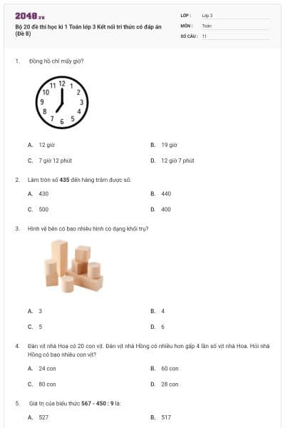 Bộ 20 đề thi học kì 1 Toán lớp 3 Kết nối tri thức có đáp án (Đề 8)