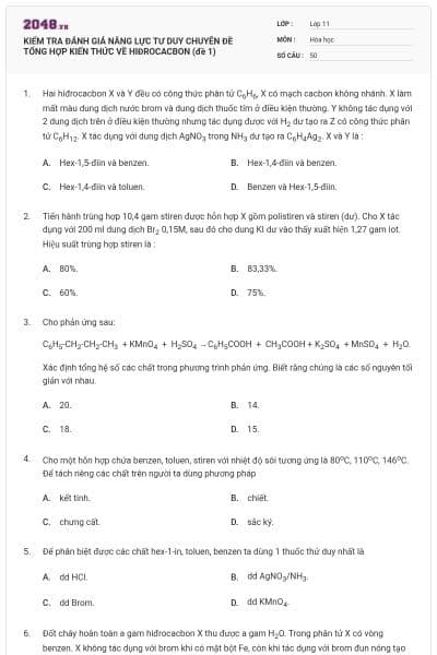 KIỂM TRA ĐÁNH GIÁ NĂNG LỰC TƯ DUY CHUYÊN ĐỀ TỔNG HỢP KIẾN THỨC VỀ HIĐROCACBON (đề 1)