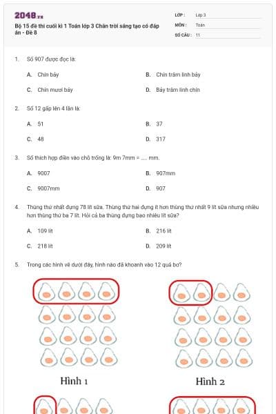 Bộ 15 đề thi cuối kì 1 Toán lớp 3 Chân trời sáng tạo có đáp án - Đề 8