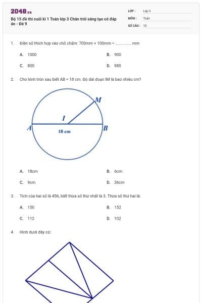 Bộ 15 đề thi cuối kì 1 Toán lớp 3 Chân trời sáng tạo có đáp án - Đề 9