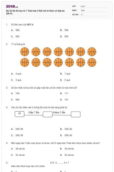 Bộ 20 đề thi học kì 1 Toán lớp 3 Kết nối tri thức có đáp án (Đề 9)