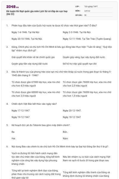 Đề luyện thi thpt quốc gia môn Lịch Sử có đáp án cực hay (Đề 23)