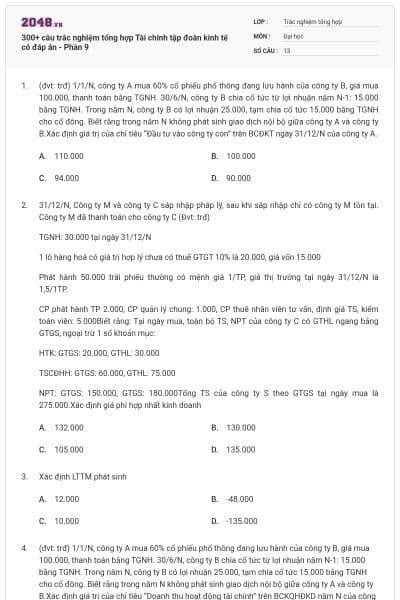 300+ câu trắc nghiệm tổng hợp Tài chính tập đoàn kinh tế có đáp án - Phần 9