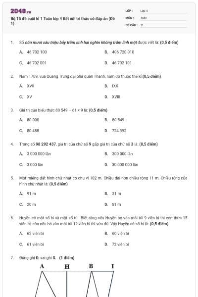 Bộ 15 đề cuối kì 1 Toán lớp 4 Kết nối tri thức có đáp án (Đề 1)