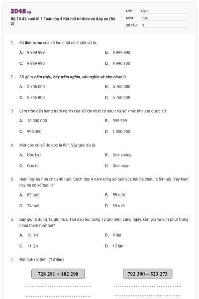 Bộ 15 đề cuối kì 1 Toán lớp 4 Kết nối tri thức có đáp án (Đề 2)