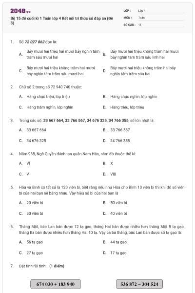 Bộ 15 đề cuối kì 1 Toán lớp 4 Kết nối tri thức có đáp án (Đề 3)