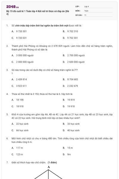 Bộ 15 đề cuối kì 1 Toán lớp 4 Kết nối tri thức có đáp án (Đề 4)
