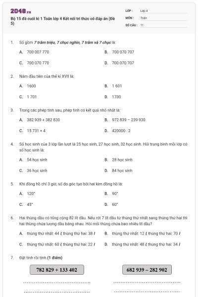 Bộ 15 đề cuối kì 1 Toán lớp 4 Kết nối tri thức có đáp án (Đề 5)