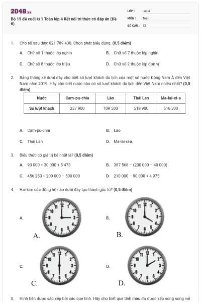 Bộ 15 đề cuối kì 1 Toán lớp 4 Kết nối tri thức có đáp án (Đề 6)