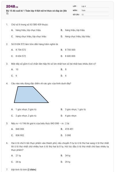 Bộ 15 đề cuối kì 1 Toán lớp 4 Kết nối tri thức có đáp án (Đề 7)